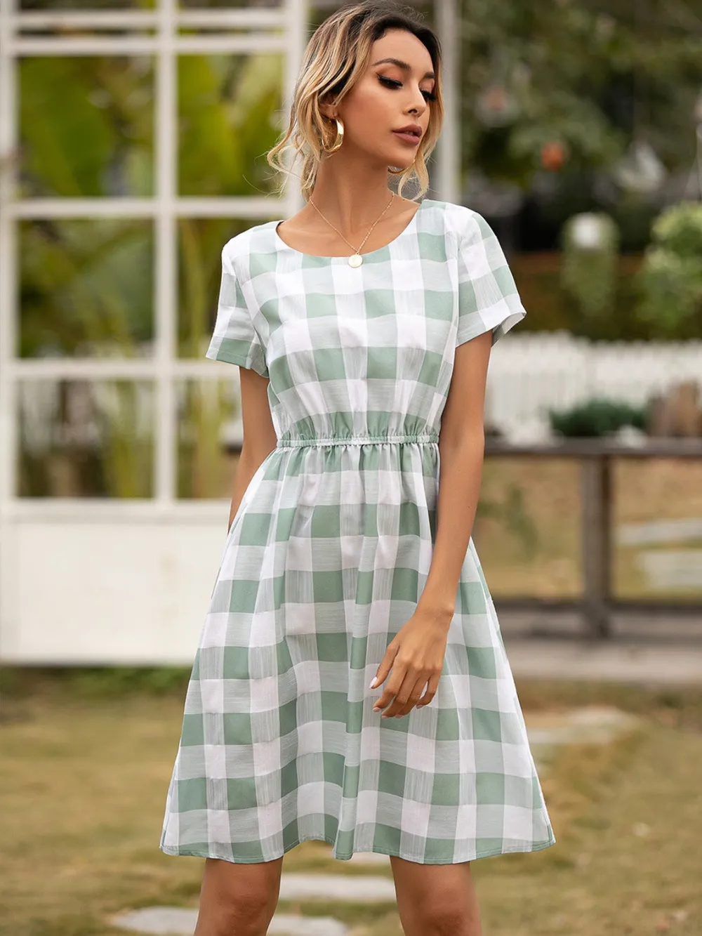 Smocked Plaid Round Neck Short Sleeve Dress, image 3