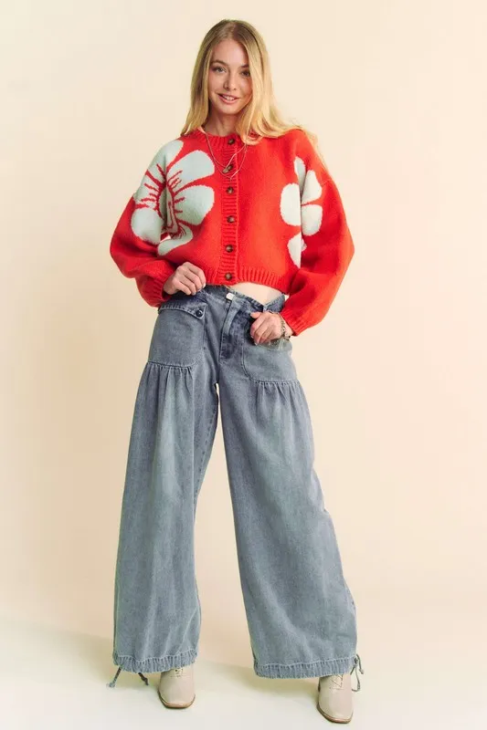 Flower Contrast Round Neck Long Sleeve Cardigan, image 5