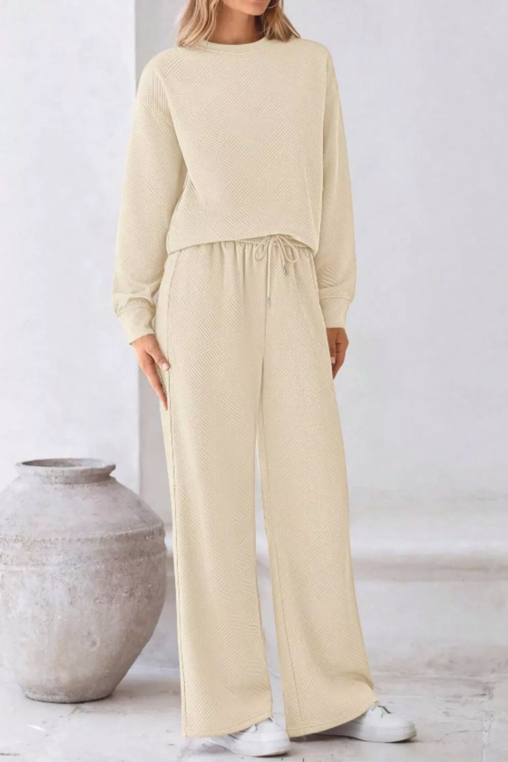 Round Neck Long Sleeve Top and Pants Set, image 3
