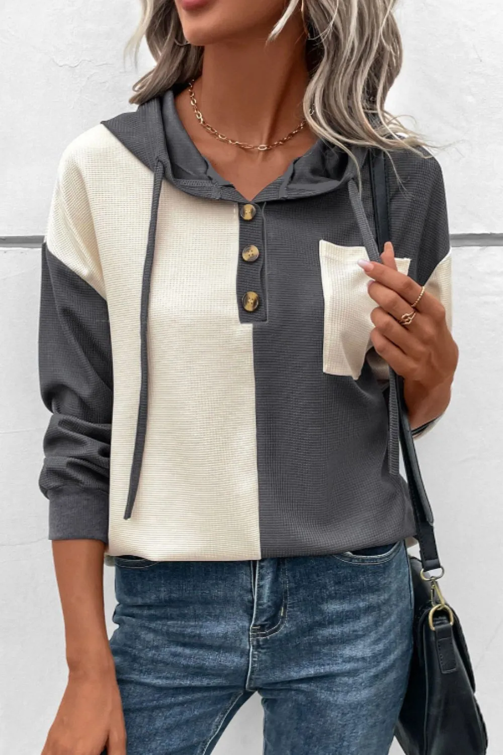 Waffle-Knit Two-Tone Long Sleeve Hoodie, image 5