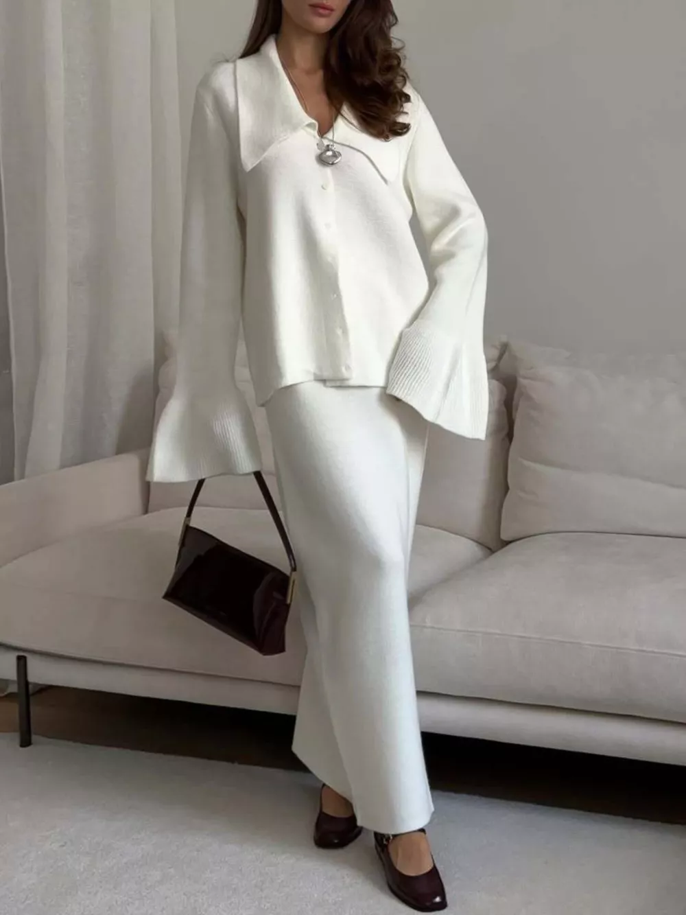 Button Down Long Sleeve Cardigan and Skirt Knit Set, image 3
