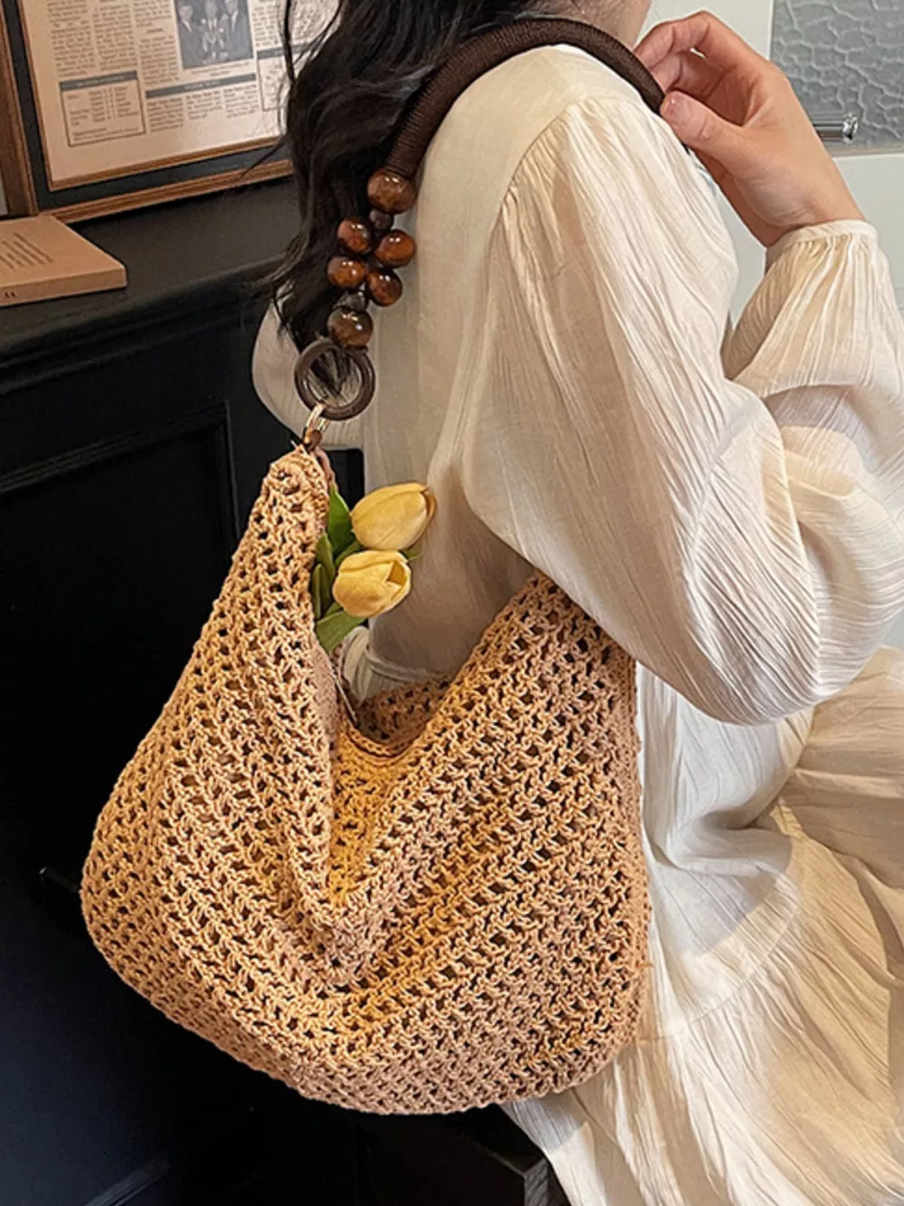 Knitted Shoulder Bag with Wooden Bead Handle, image 11
