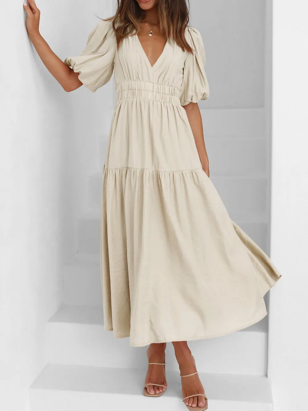 V-Neck Puff Sleeve Midi Dress, image 11