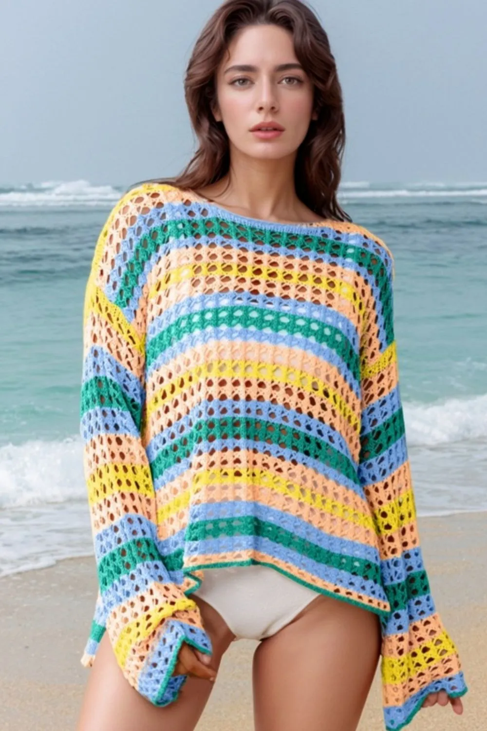 Openwork Round Neck Long Sleeve Knit Cover Up, image 2