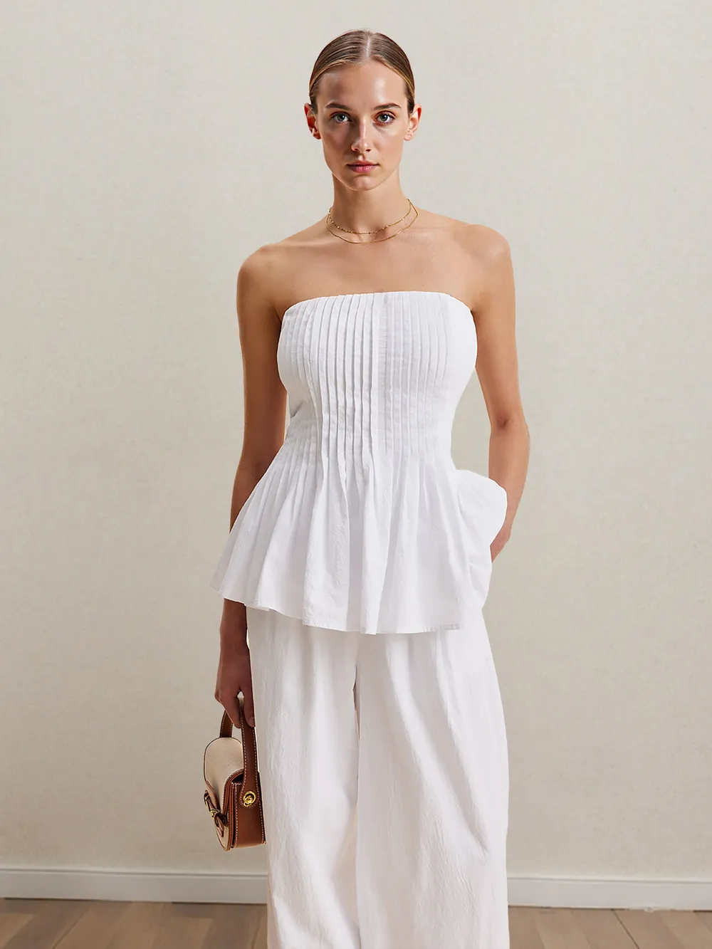 Strapless Peplum Top and Wide Leg Pants Set, image 3