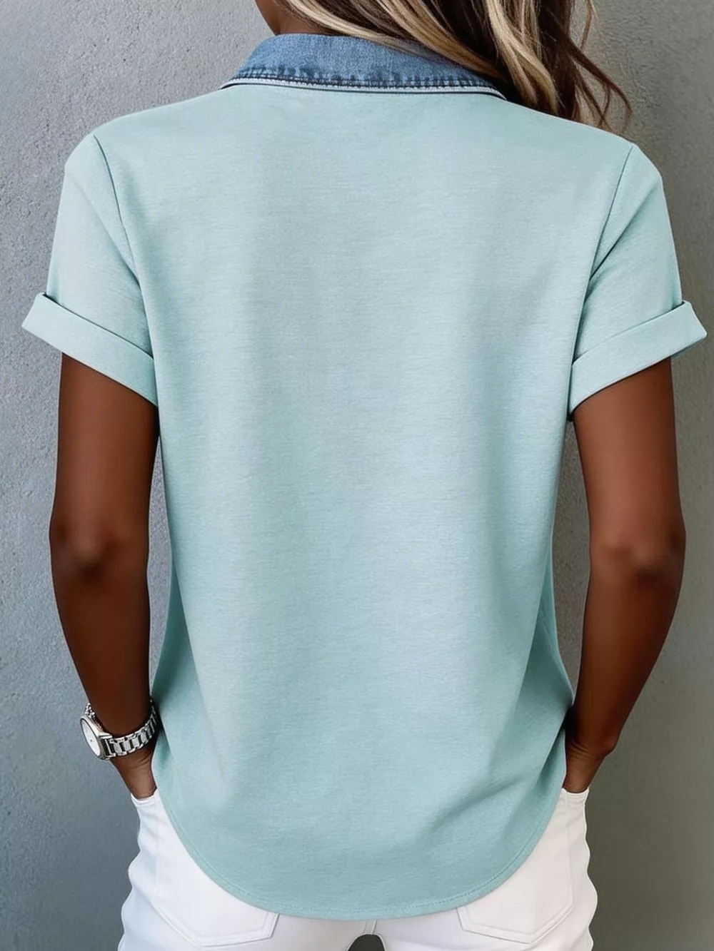 Denim Trim Short Sleeve Shirt, image 6