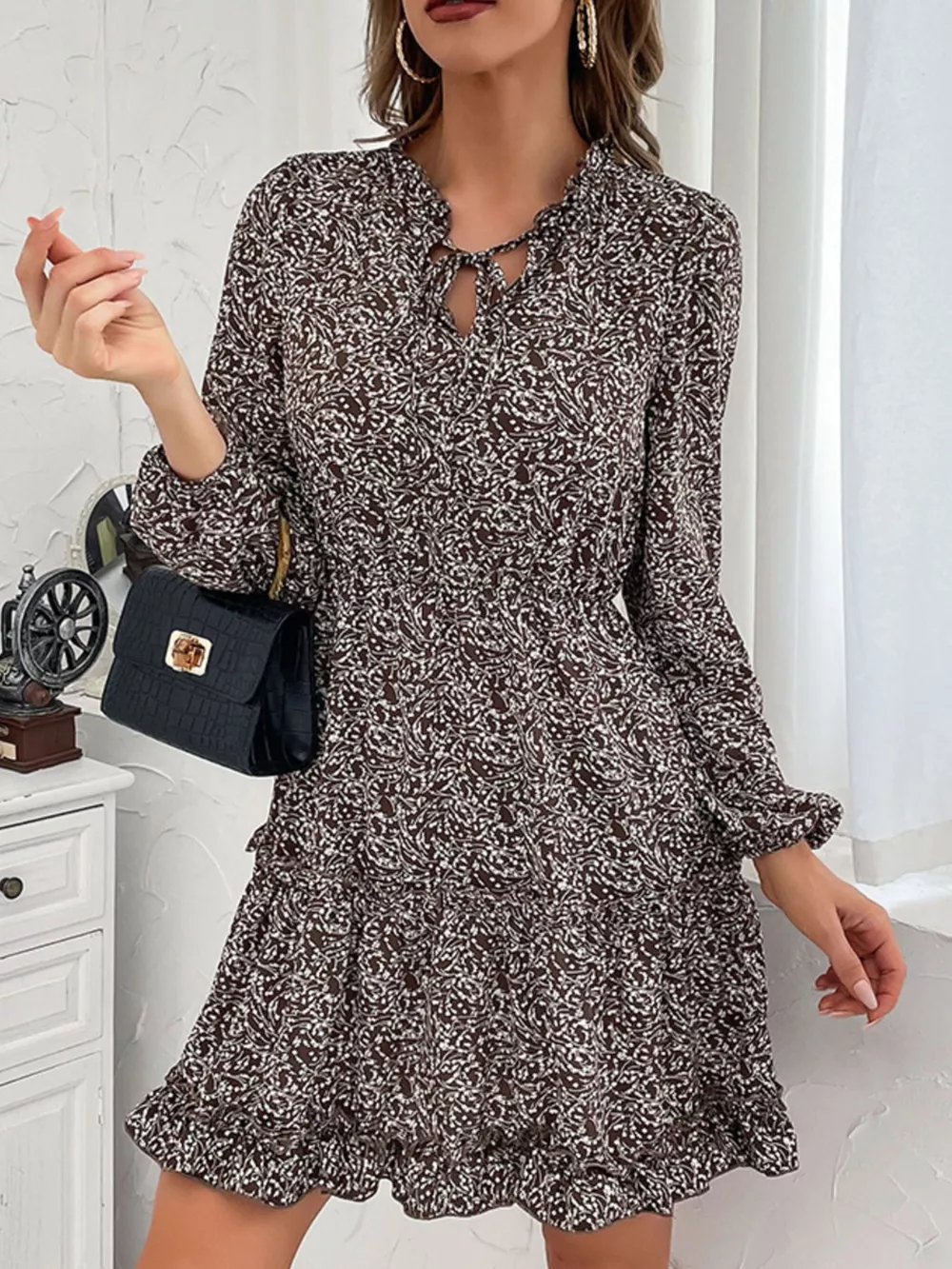 Ruffle Hem Tie Neck Mini Dress, image 2