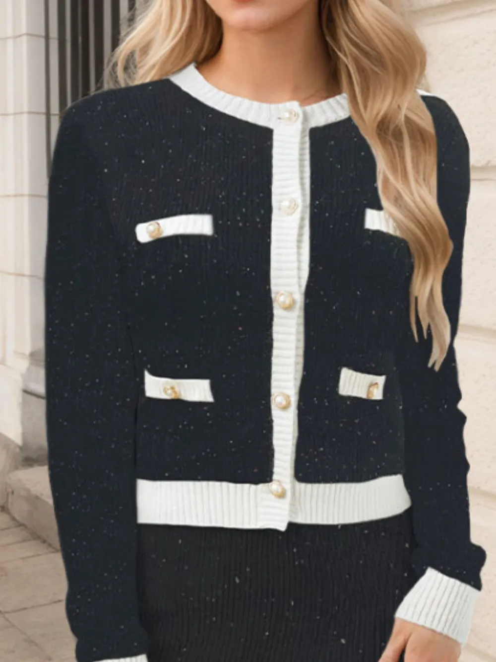 Contrast Trim Ribbed Top and Skirt Sweater Set, image 13