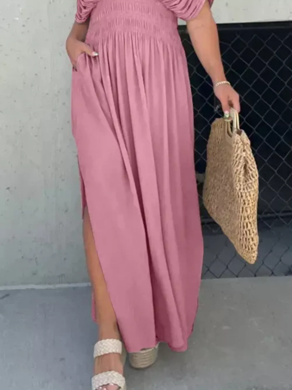 Full Size Slit V-Neck Smocked Waist Maxi Dress Plus Size, image 23