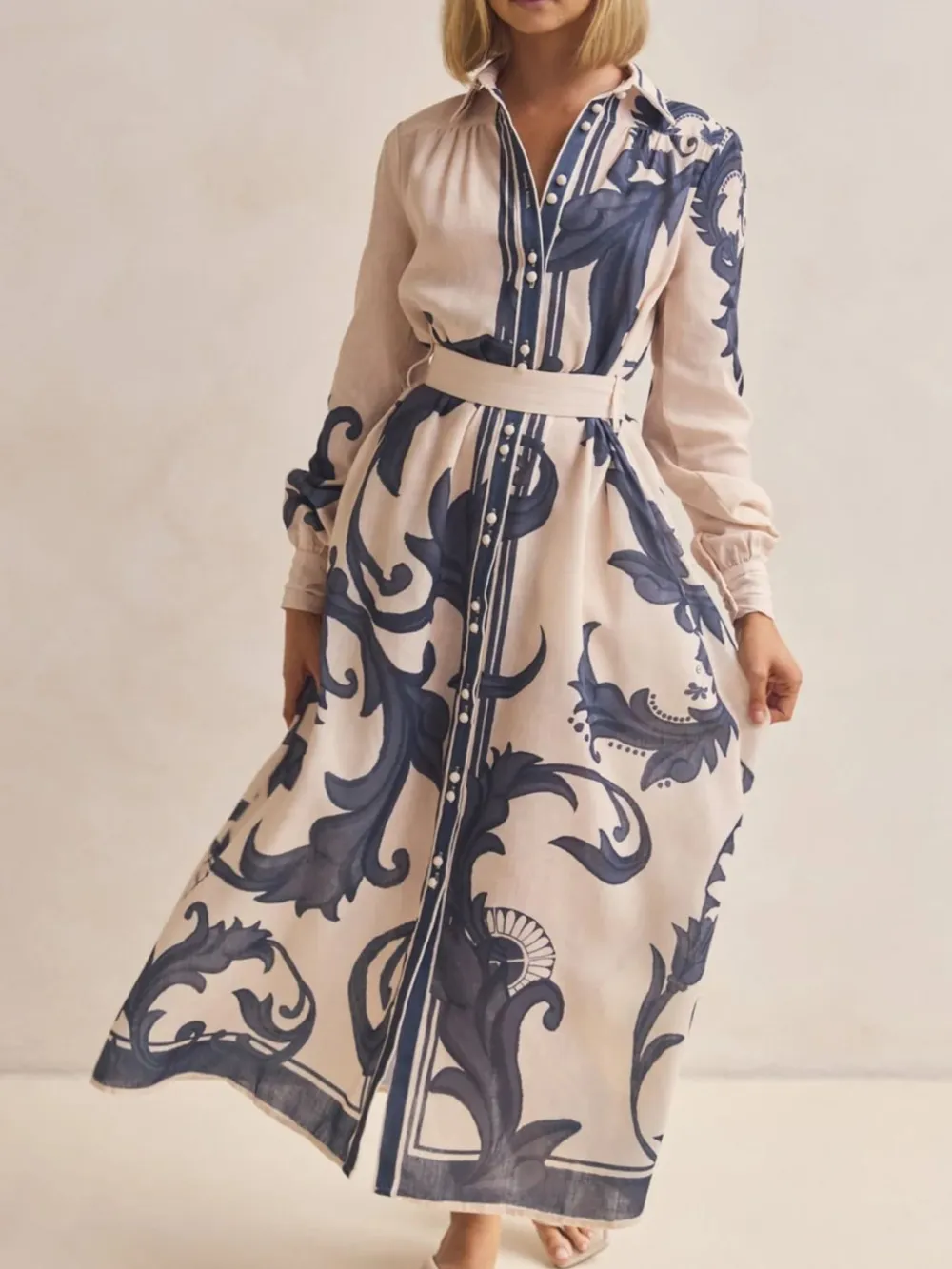 Printed Button Down Belted Shirt Dress, image 10