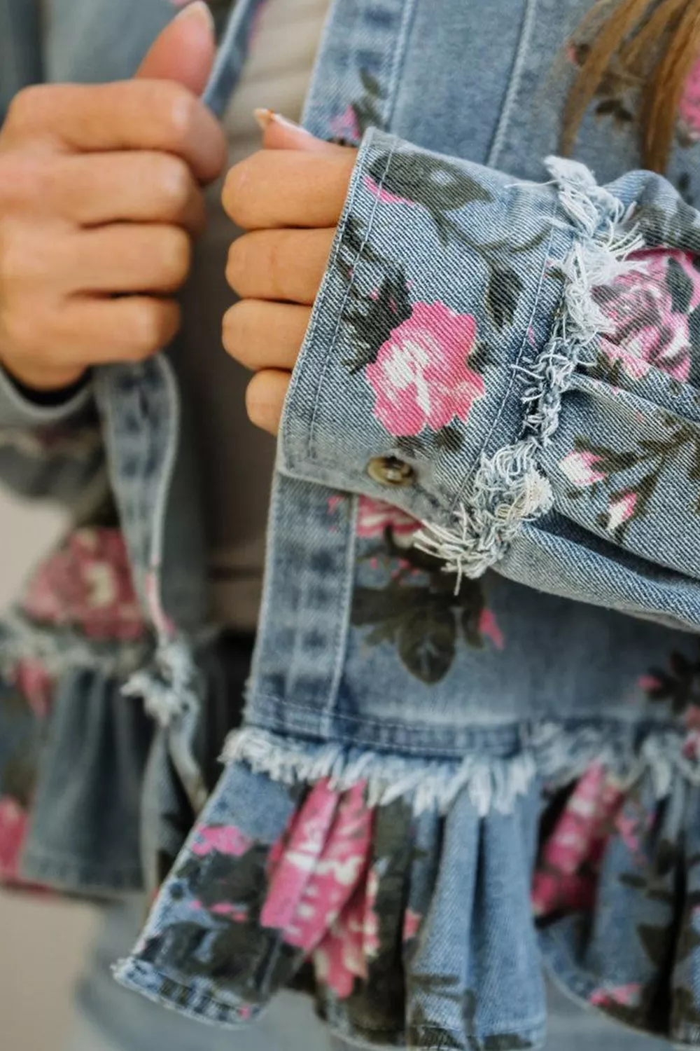 Floral Print Denim Jacket with Ruffled Hem, image 7