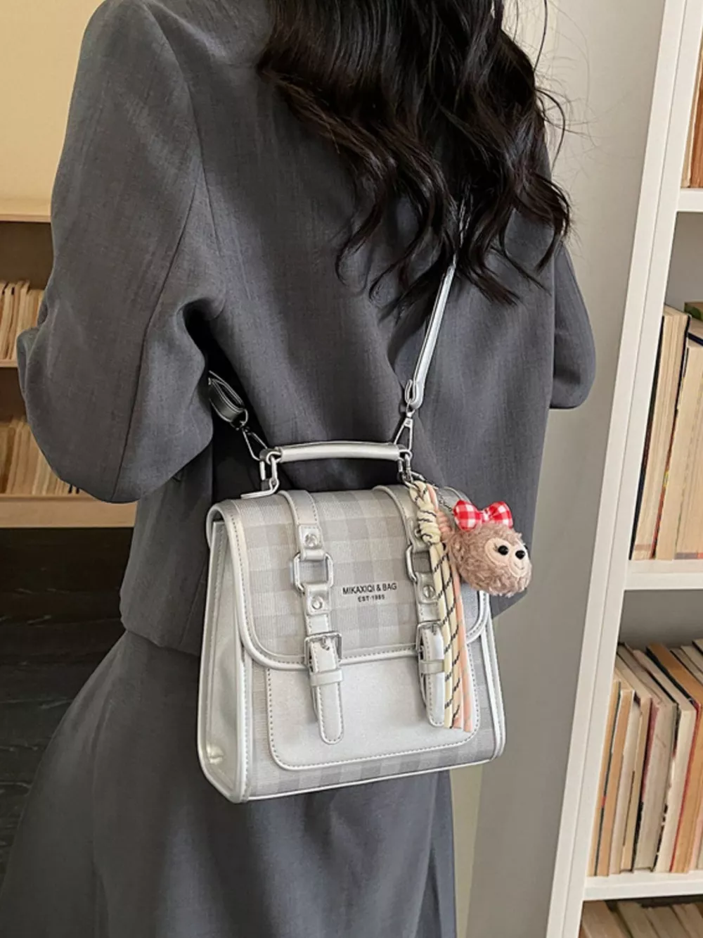 Plaid Backpack Bag with Charm, image 5