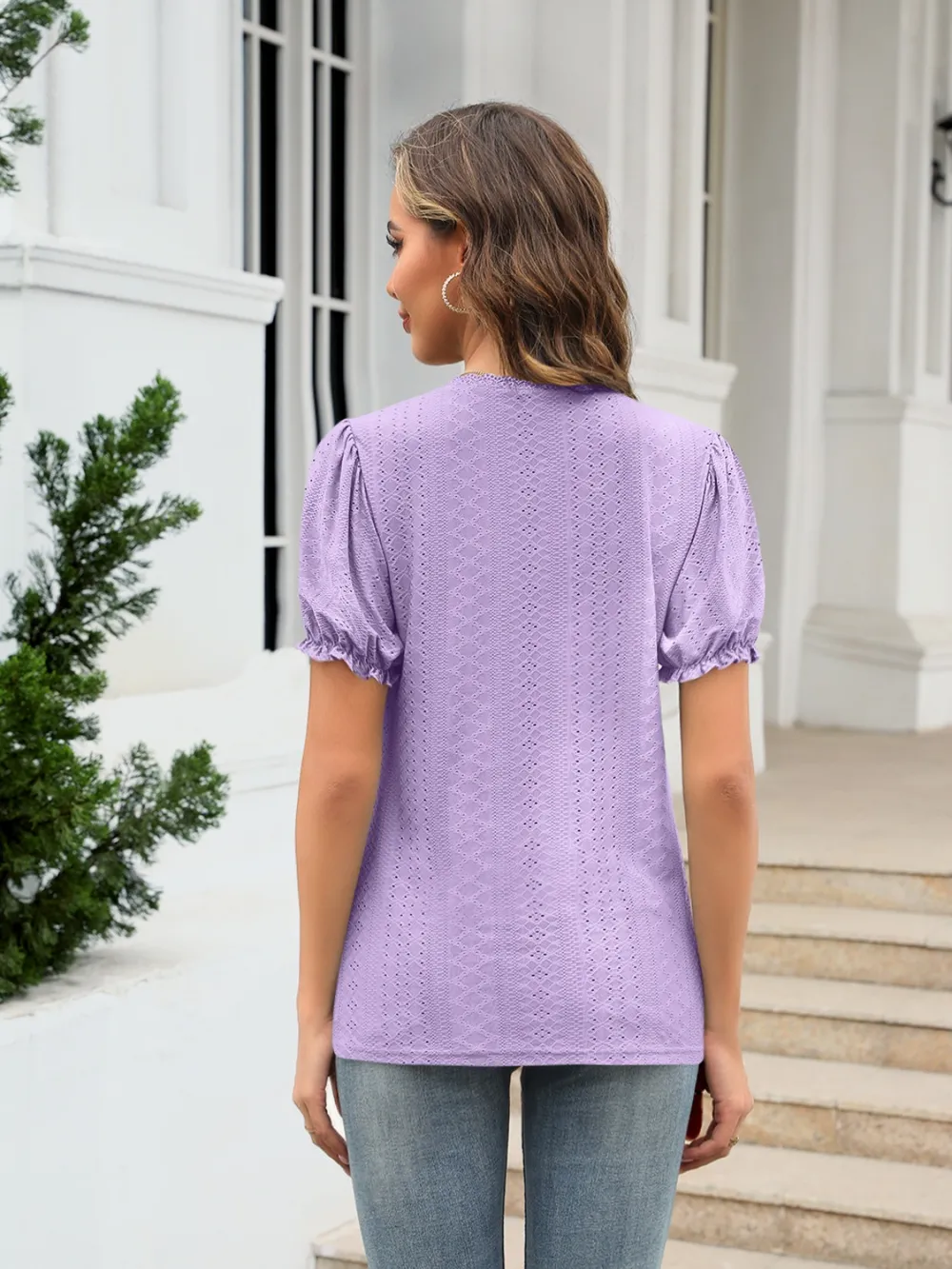 Eyelet Round Neck Short Sleeve Blouse, image 18