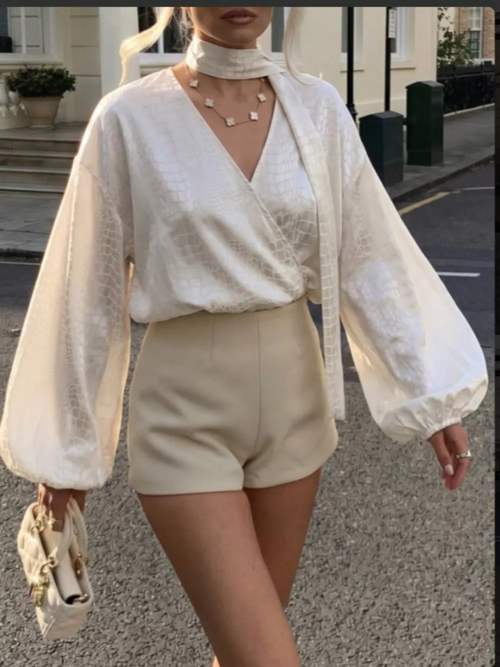 Crocodile-Embossed Surplice Balloon Sleeve Blouse, image 5