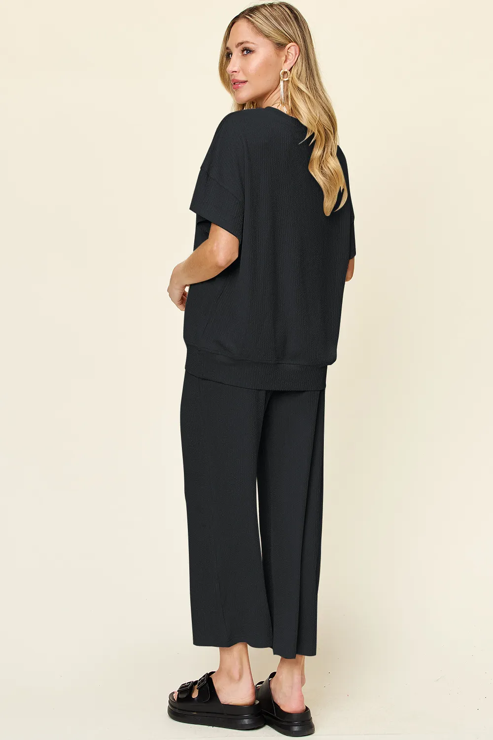 Full Size Texture Round Neck Short Sleeve T-Shirt and Wide Leg Pants, image 9
