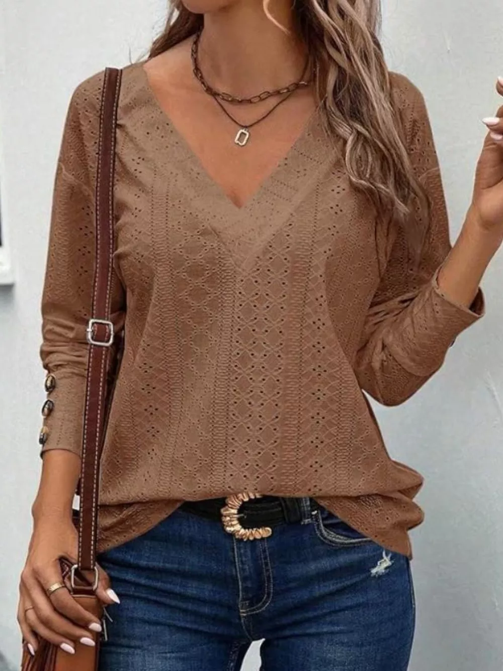 Eyelet V-Neck Long Sleeve T-Shirt, image 5