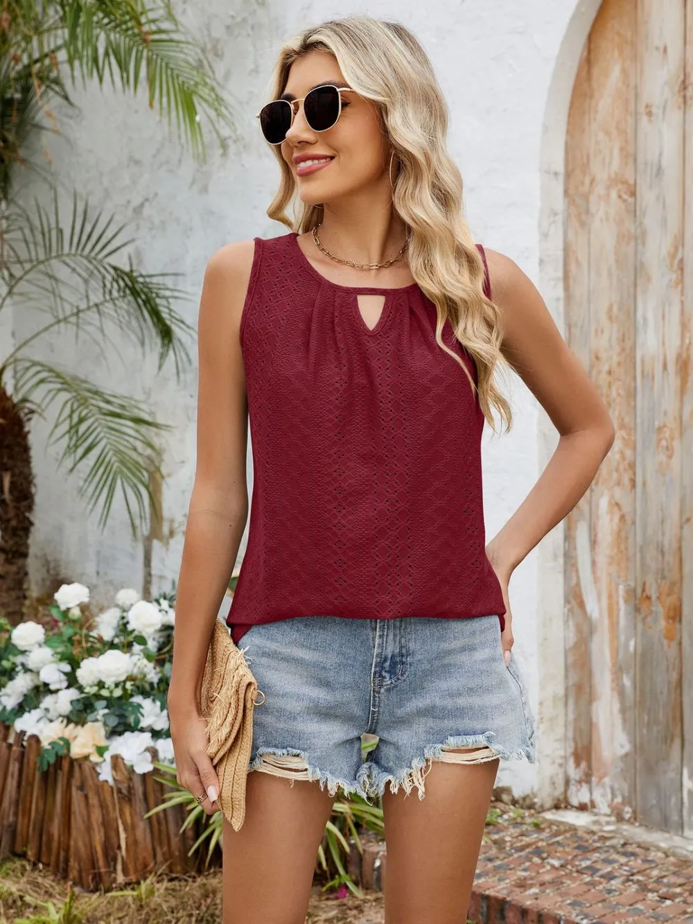Eyelet Cutout Round Neck Tank, image 29