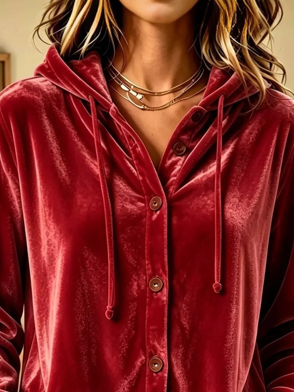 Full Size Velvet Button-Down Hooded Top Plus Size, image 8