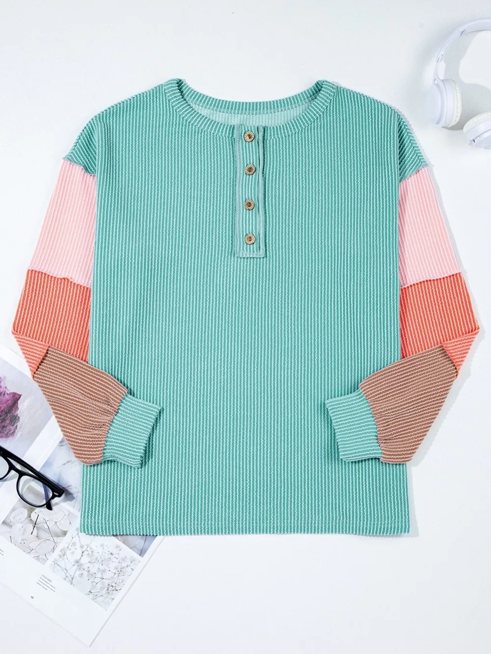 Color Block Ribbed Knit Henley Sweatshirt, image 6
