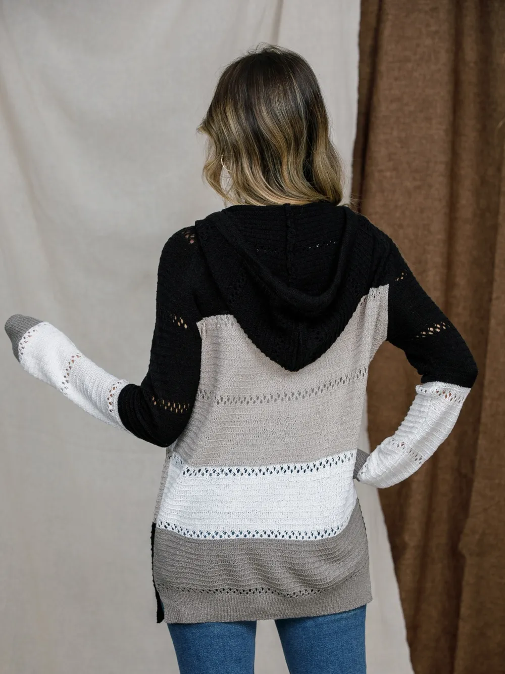 Eyelet Color Block Hooded Sweater, image 2