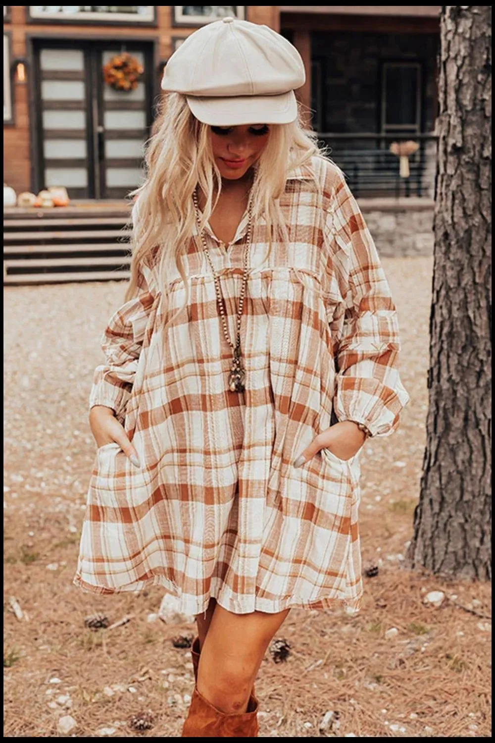 Plaid Collared Neck Long Sleeve Mini Shirt Dress, image 2