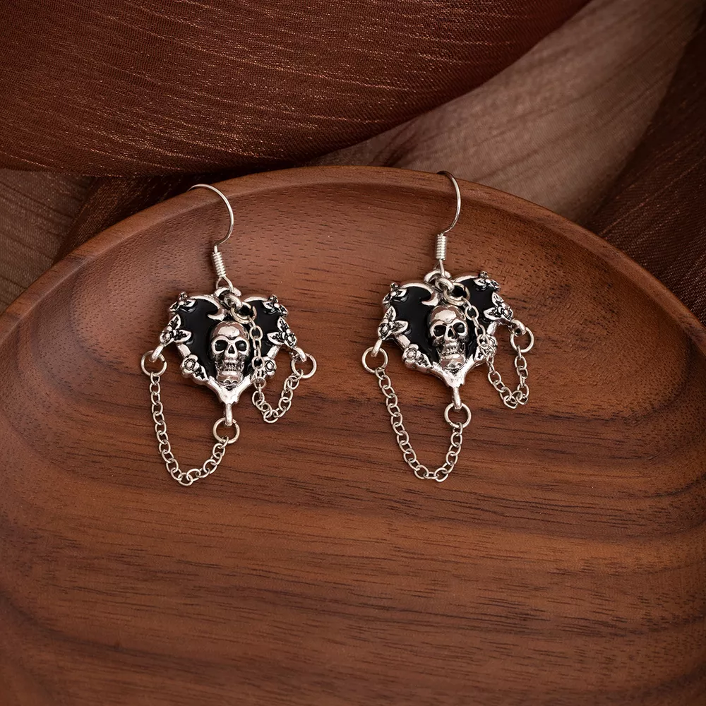 Halloween Alloy Heart Skull Earrings with Chain Detail, image 2