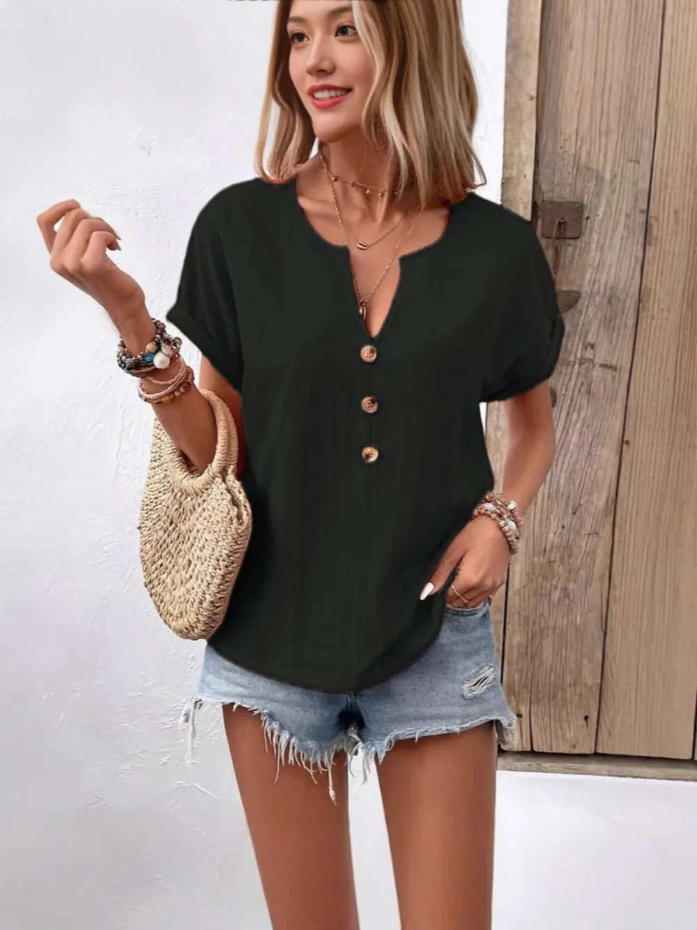 Full Size Notched Short Sleeve Top Plus Size, image 5