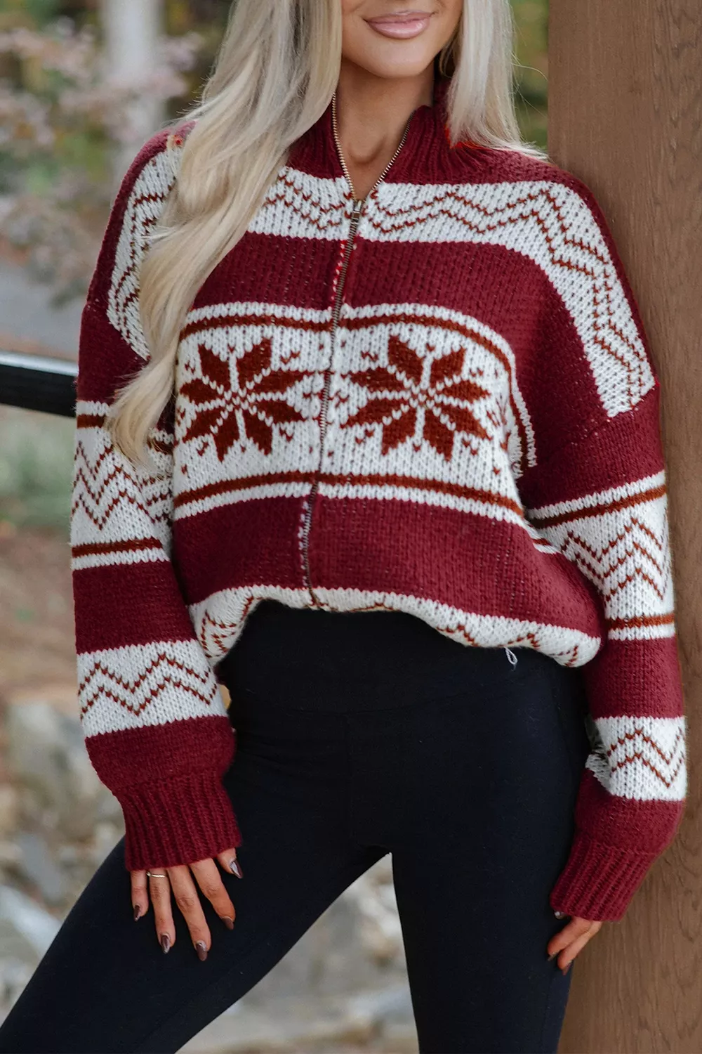 Geometric Pattern Zip-Up Knit Long Sleeve Regular Fit Cardigan, image 3