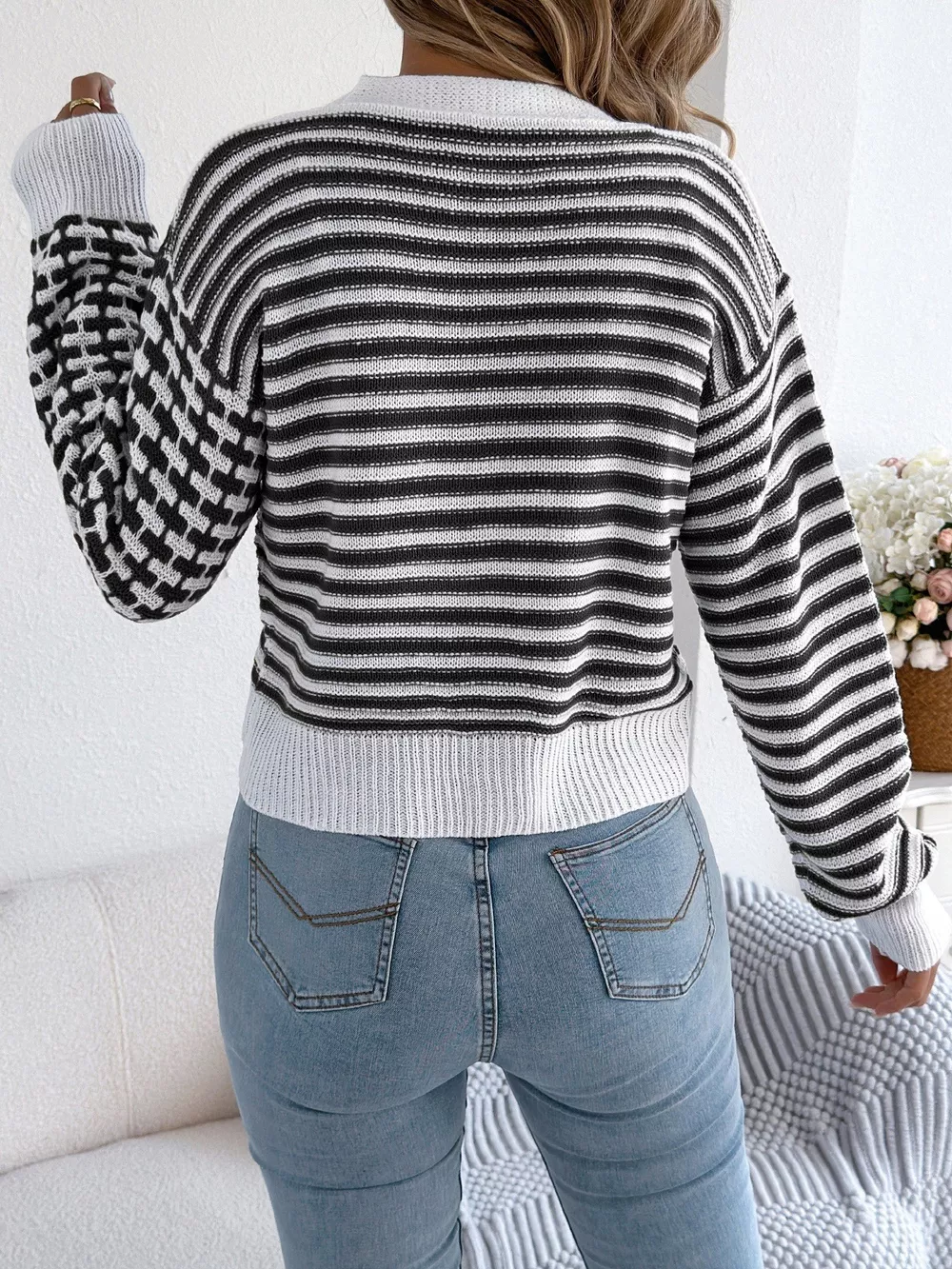 Striped Button-Up Cropped Cardigan, image 9