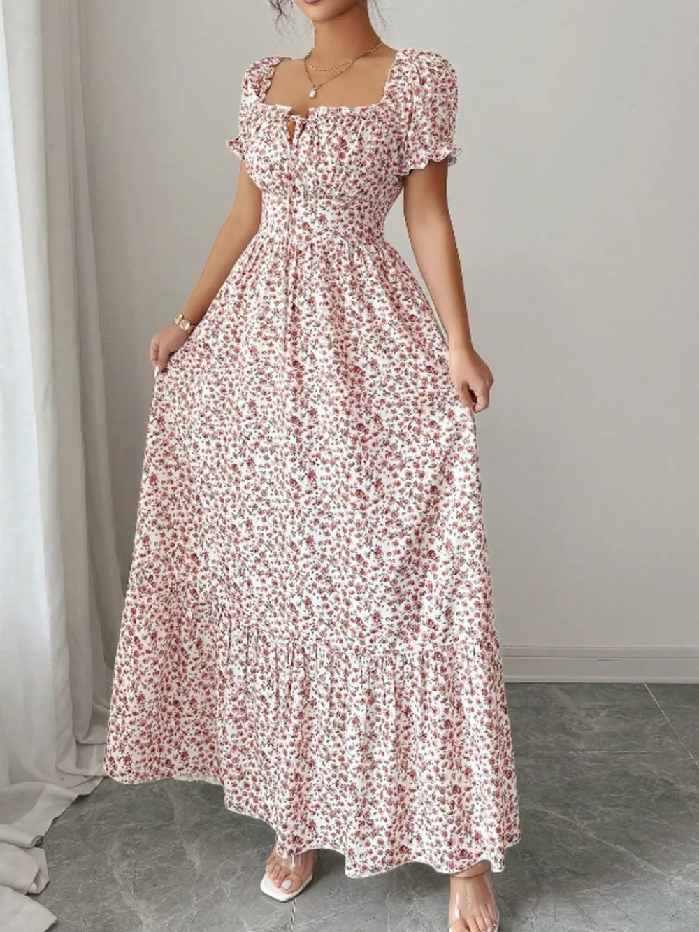 Floral Print Puff Sleeve Maxi Dress, image 3