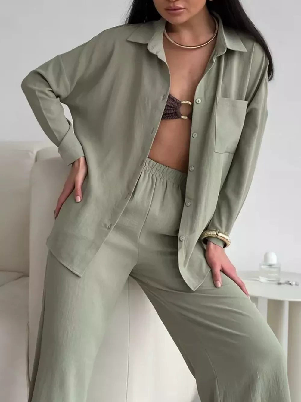 Button Up Long Sleeve Shirt and Pants Set, image 8