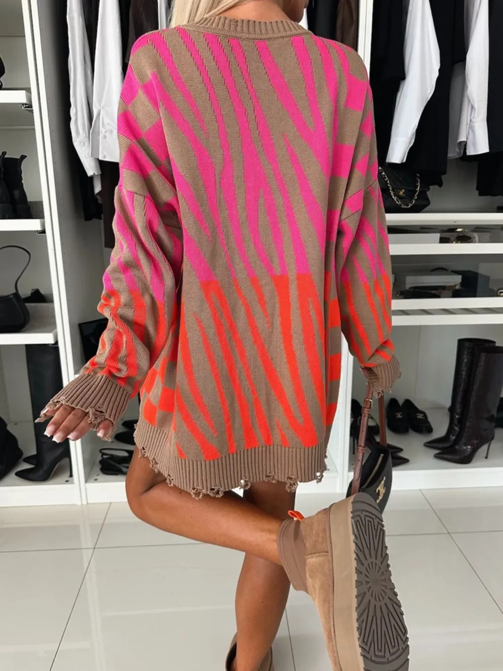 Contrast Round Neck Long Sleeve Oversize Sweater, image 3