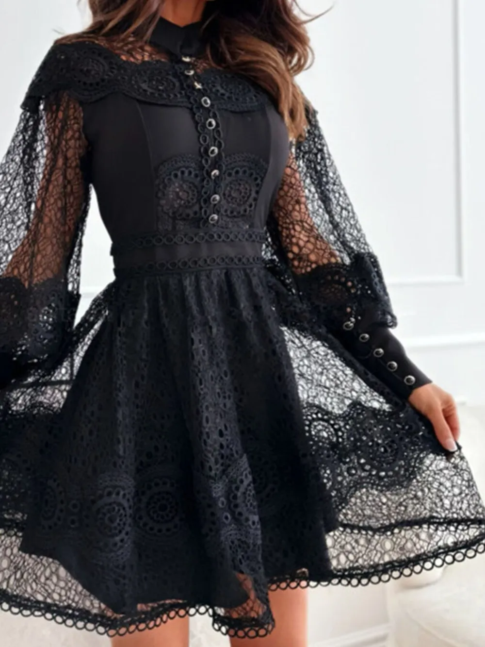 Lace Lantern Sleeve Mini Dress, image 7