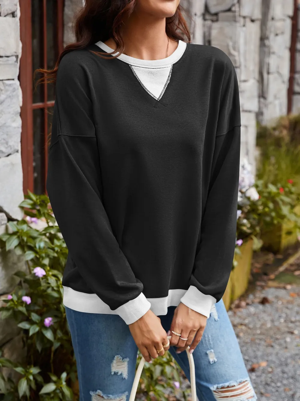 Contrast Round Neck Long Sleeve Sweatshirt, image 18