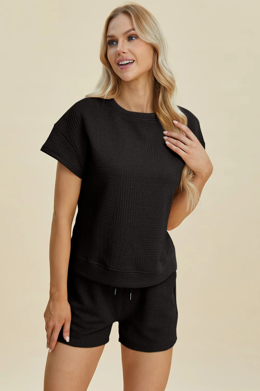 Full Size Texture Short Sleeve Top and Shorts Set, image 12