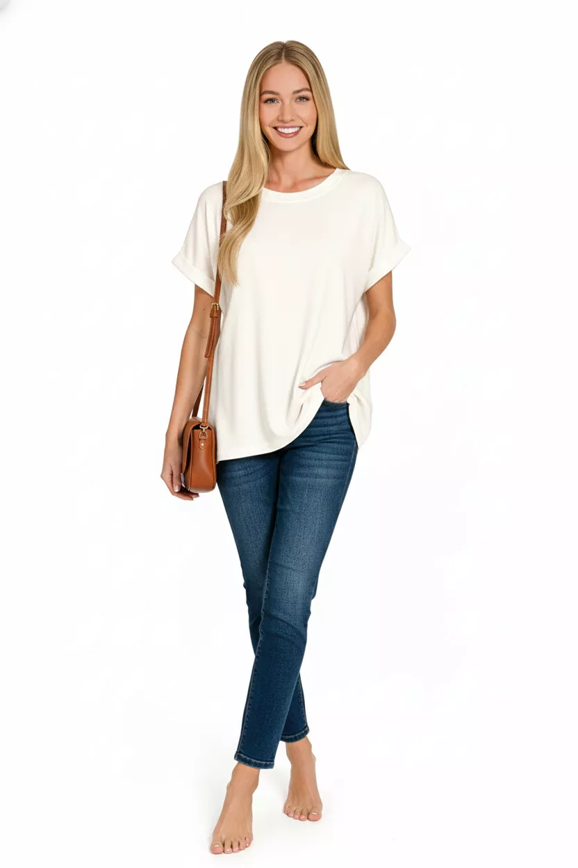 Soft Melange Hacci Short Sleeve Round Neck Top, image 3