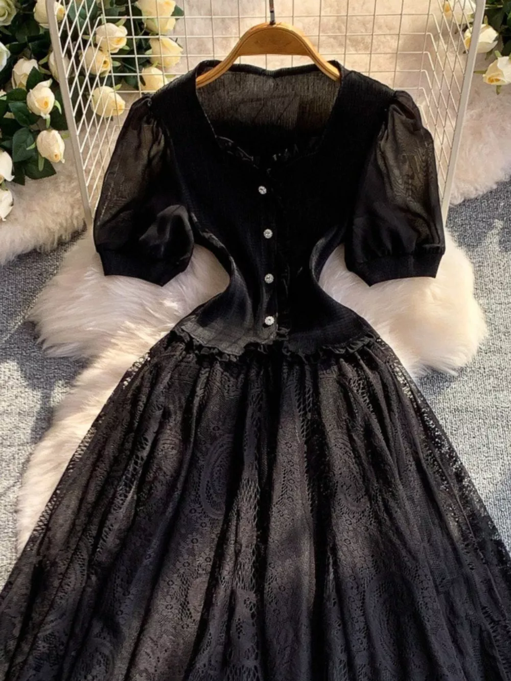 Lace Panel Puff Sleeve Dress, image 5