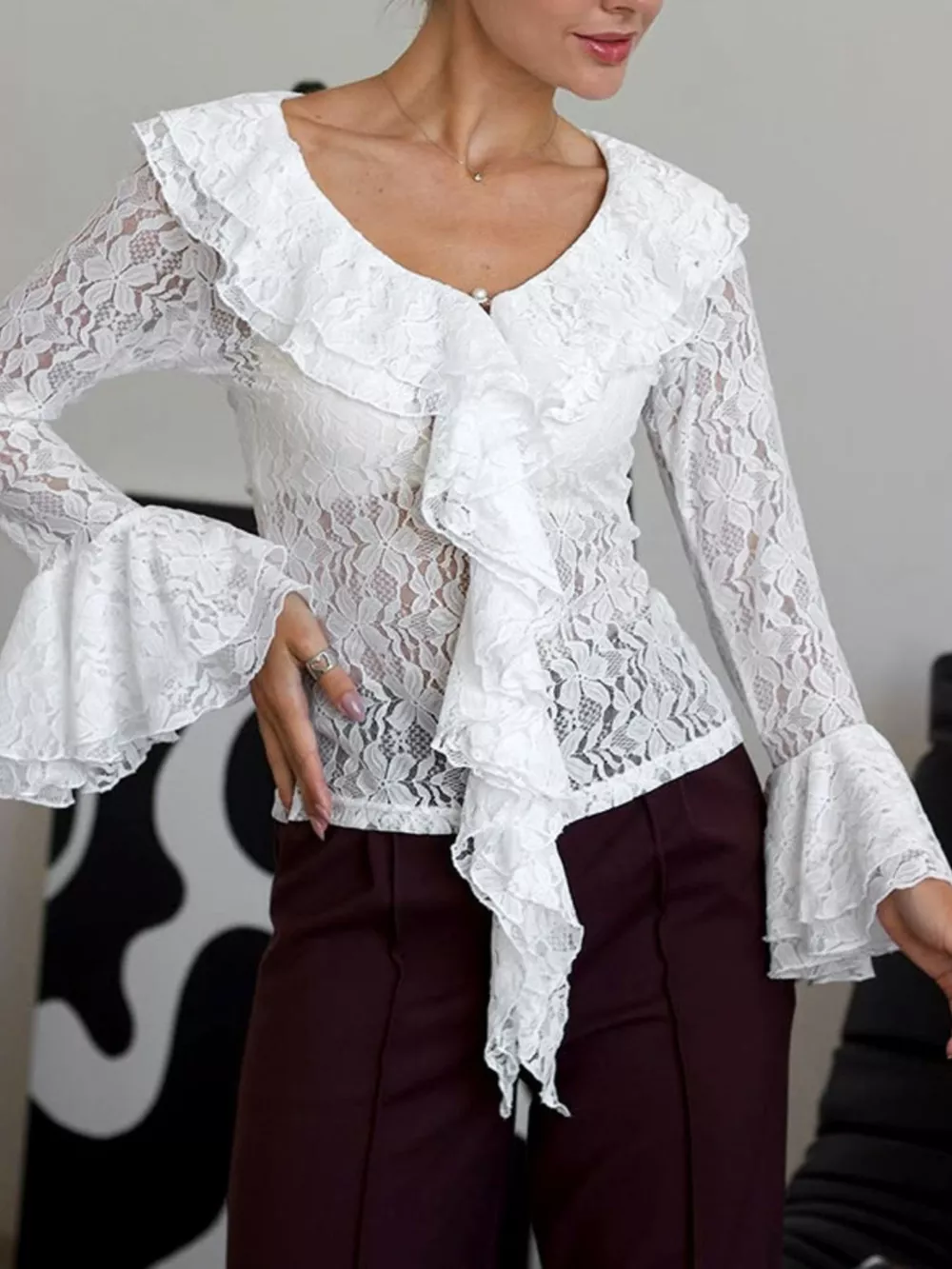 Lace V-Neck Flare Sleeve Blouse, image 3