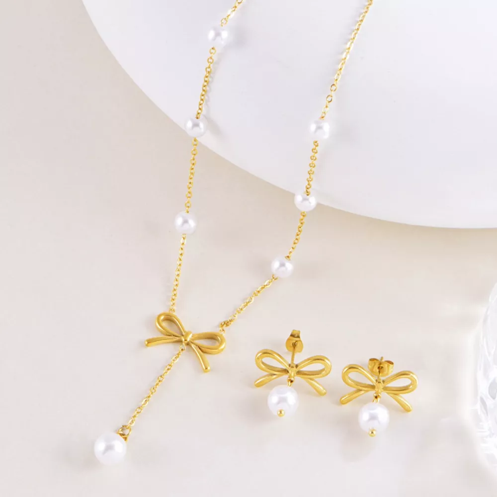 18K Gold-Plated Bowknot Pearl Jewelry Set, image 2