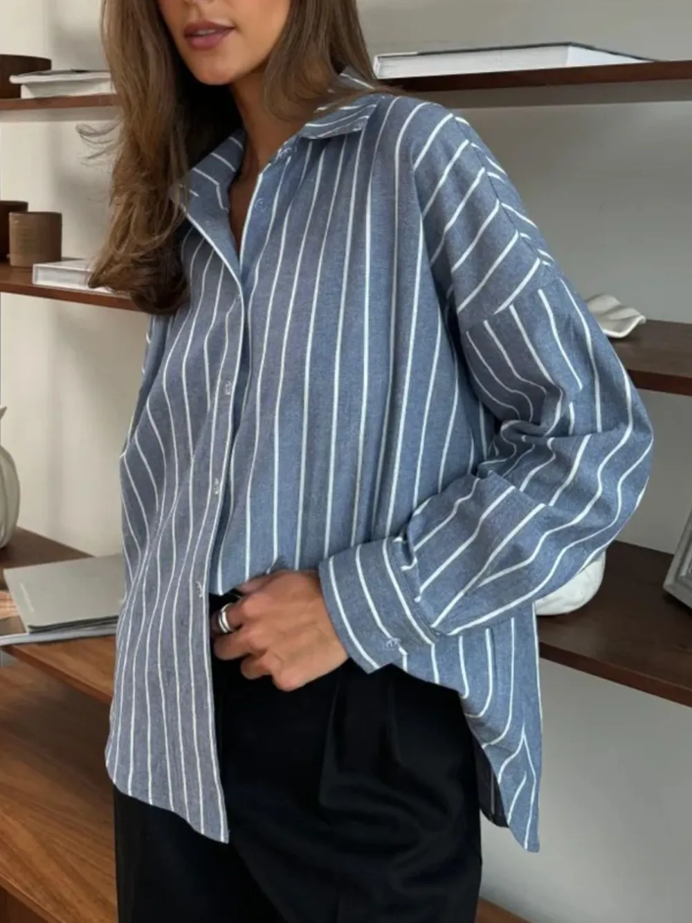 Striped Collared Neck Long Sleeve Shirt, image 6