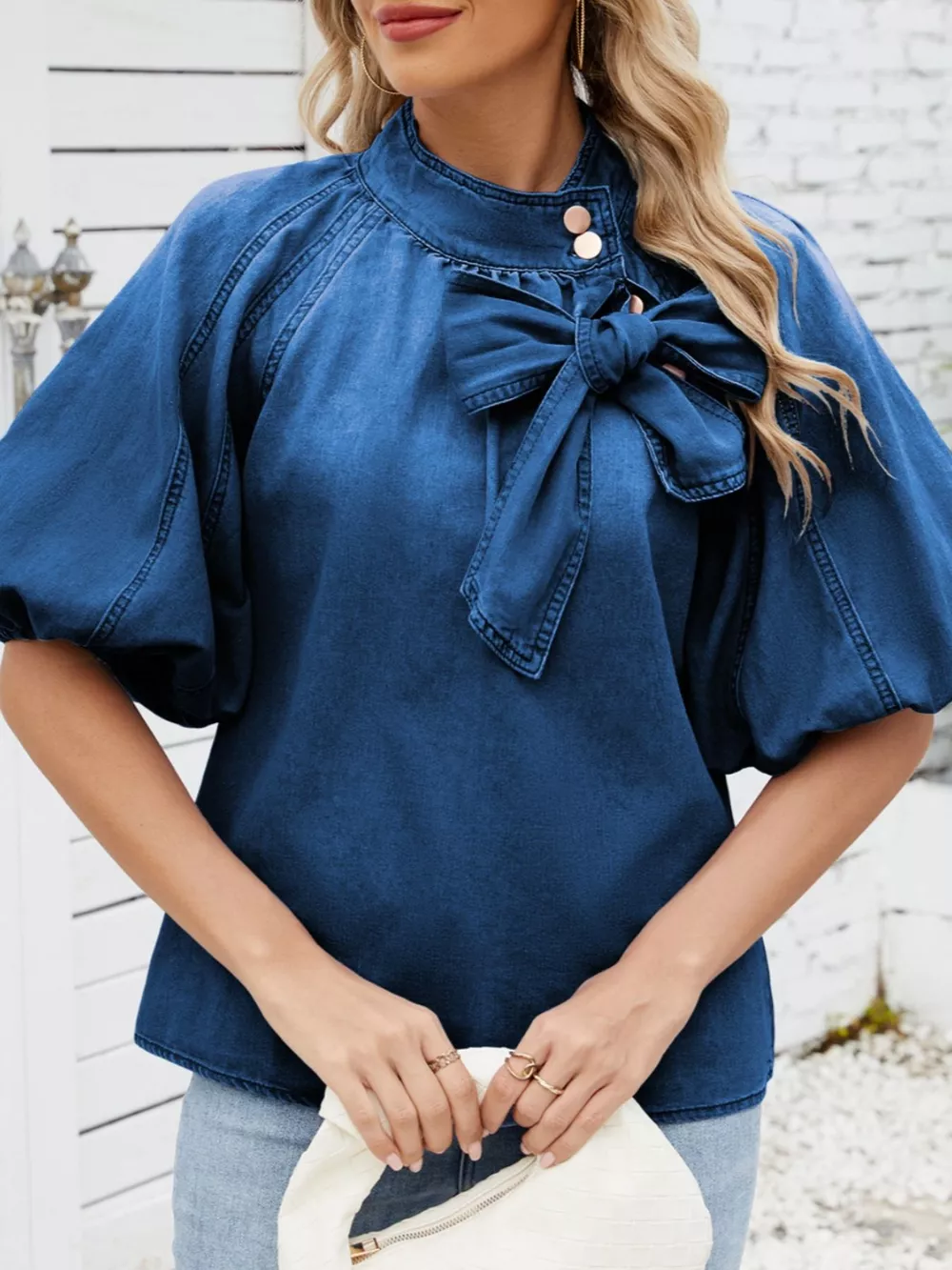 Bow Accent Puff Sleeve Denim Top, image 6
