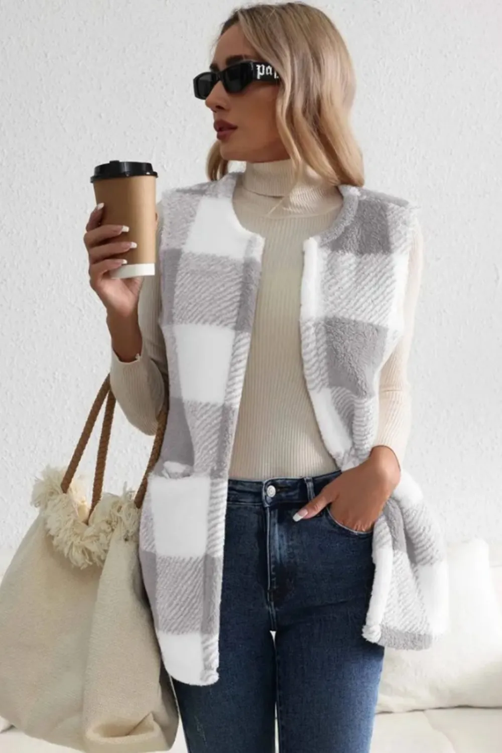 Sherpa Plaid Open Front Vest Coat, image 10