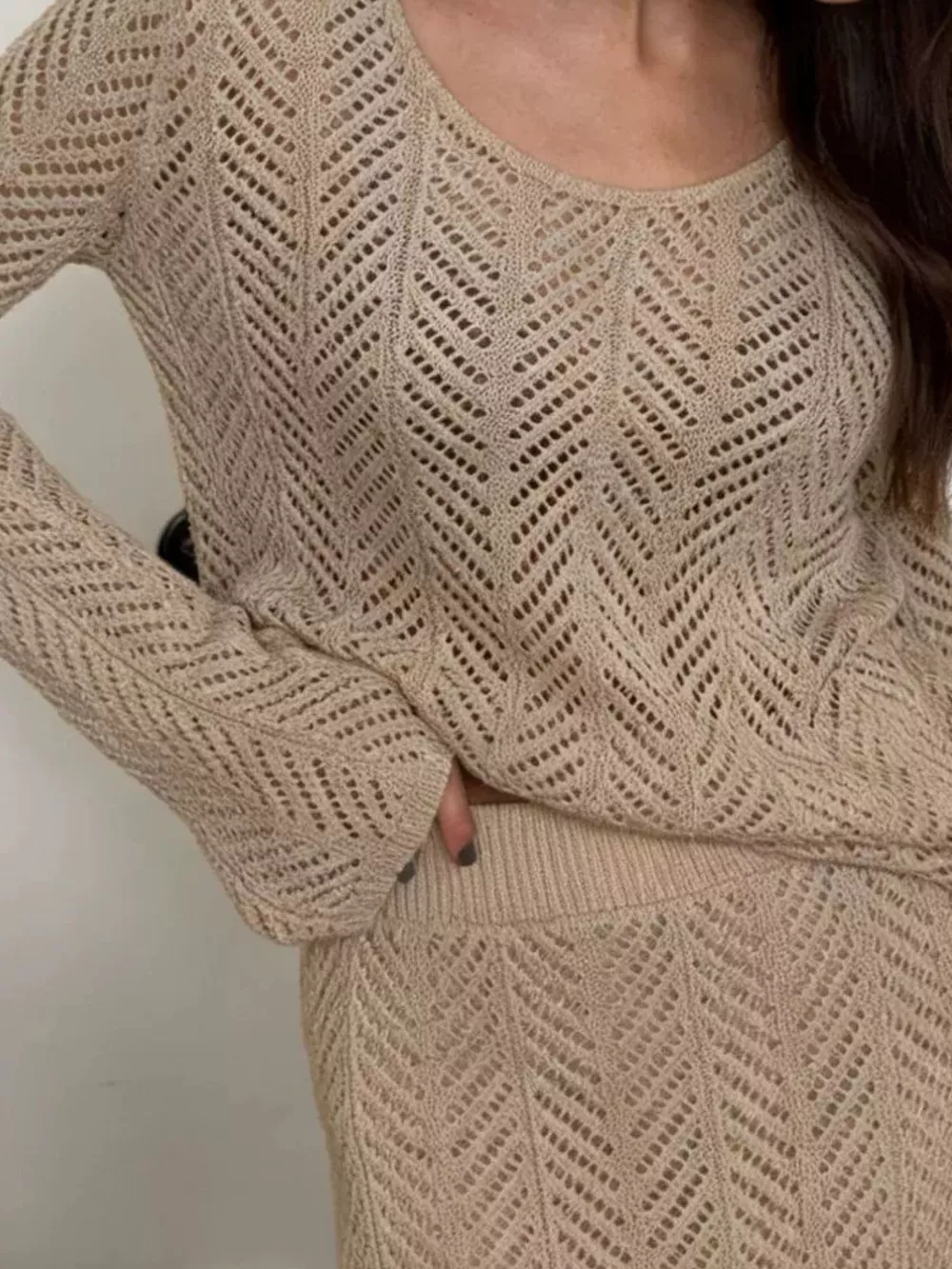 Openwork Long Sleeve Knit Top and Skirt Set, image 14