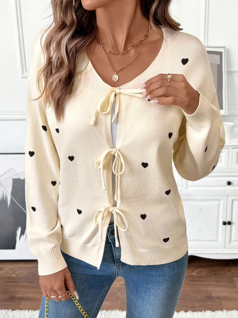 Heart Tie-Front Long Sleeve Cardigan, image 2