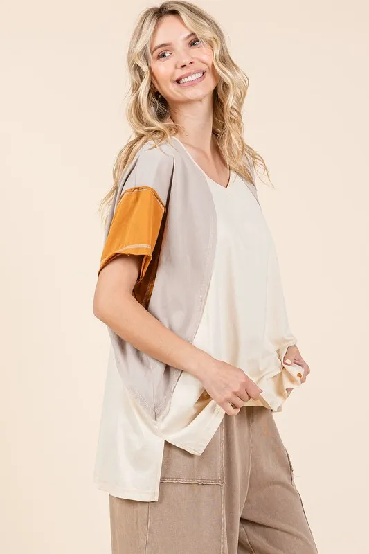 Color Block V-Neck Short Sleeve T-Shirt, image 3