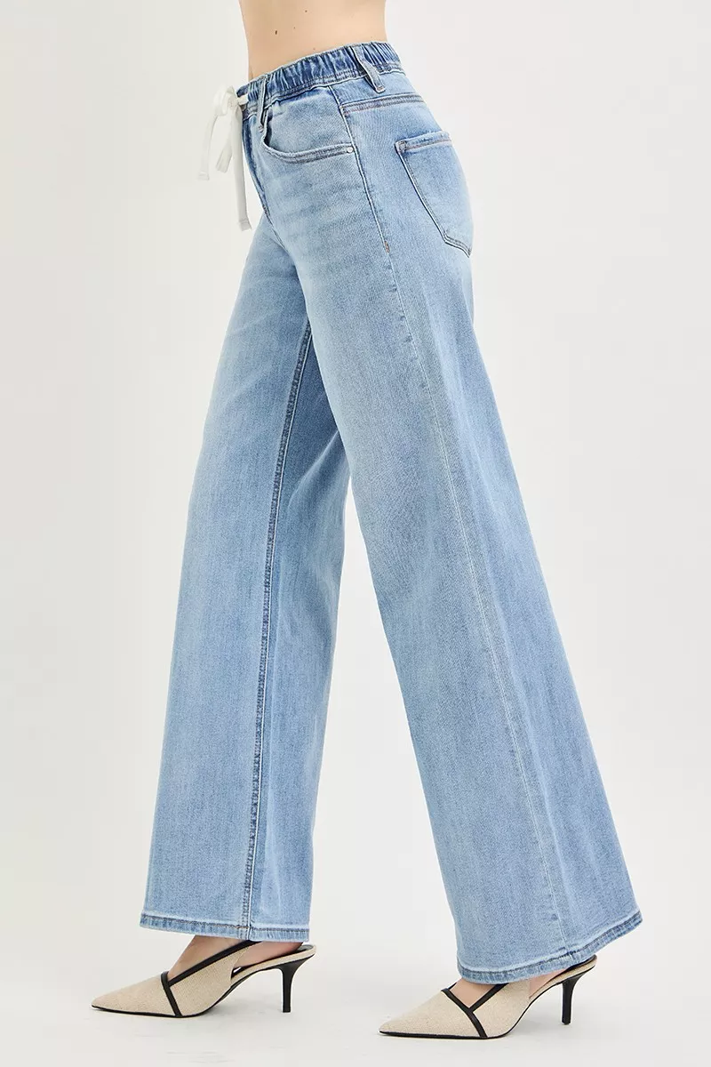 Elastic Band Slouchy Wide Jeans with Drawstring, image 4