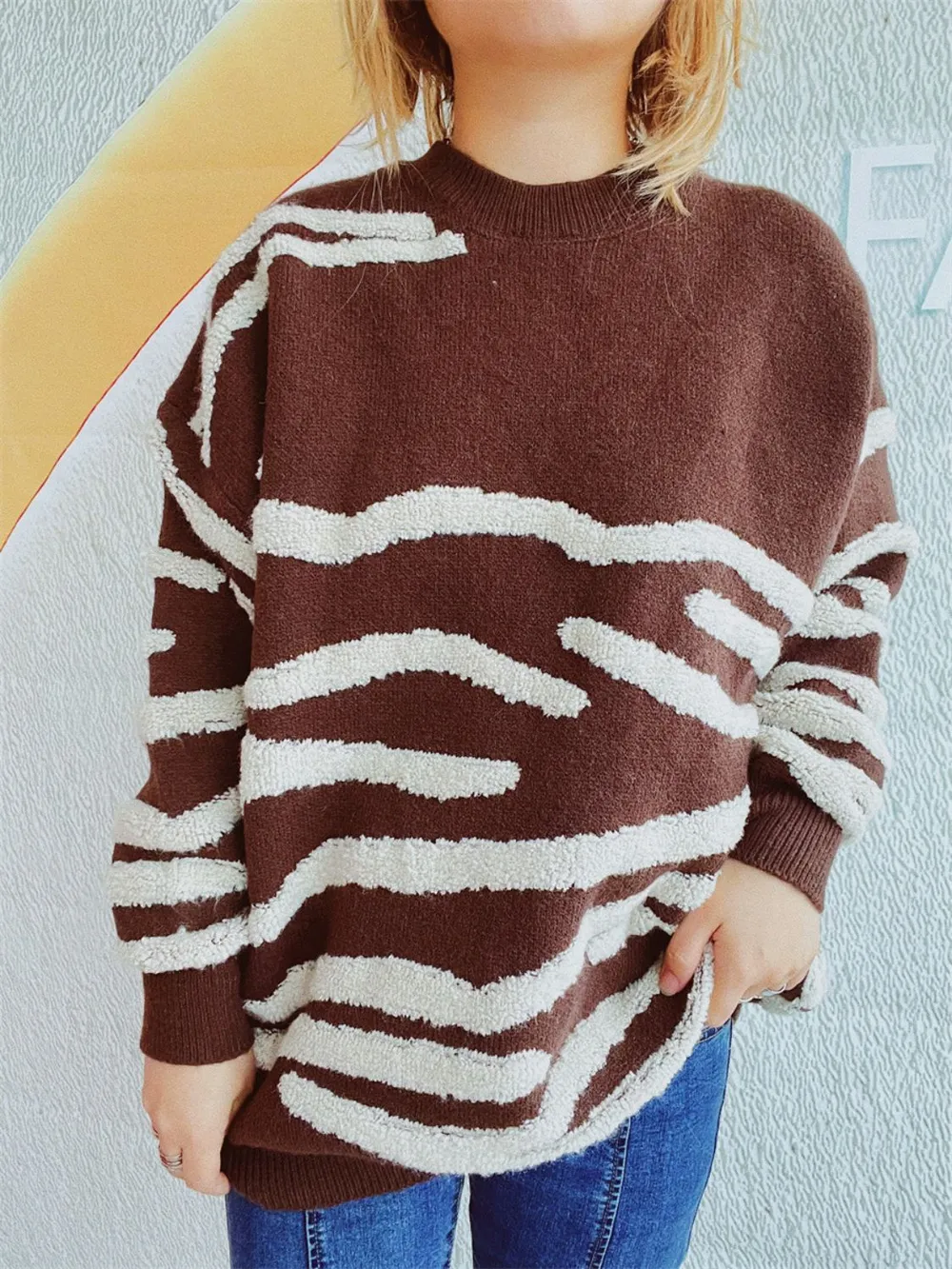 Contrast Round Neck Long Sleeve Sweater, image 7