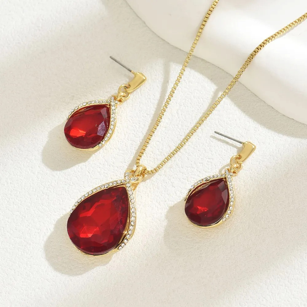 18K Gold-Plated Rhinestone Teardrop Necklace and Earrings Jewelry Set, image 2