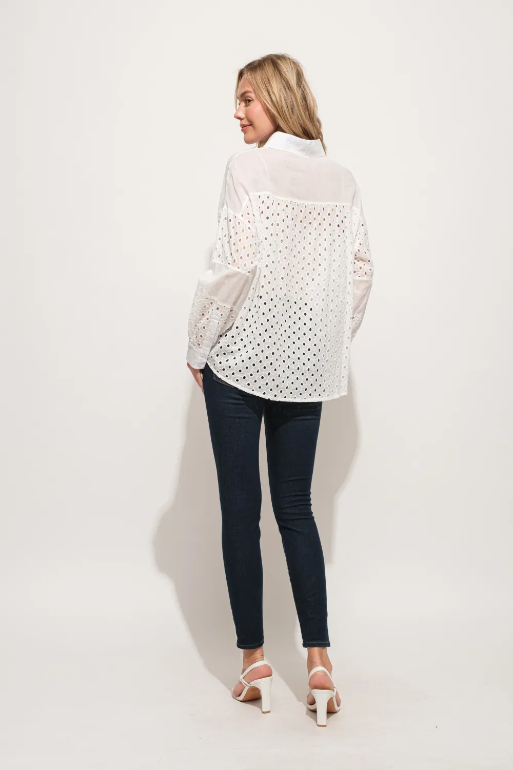 Eyelet Long Sleeve Button Down Shirt, image 4