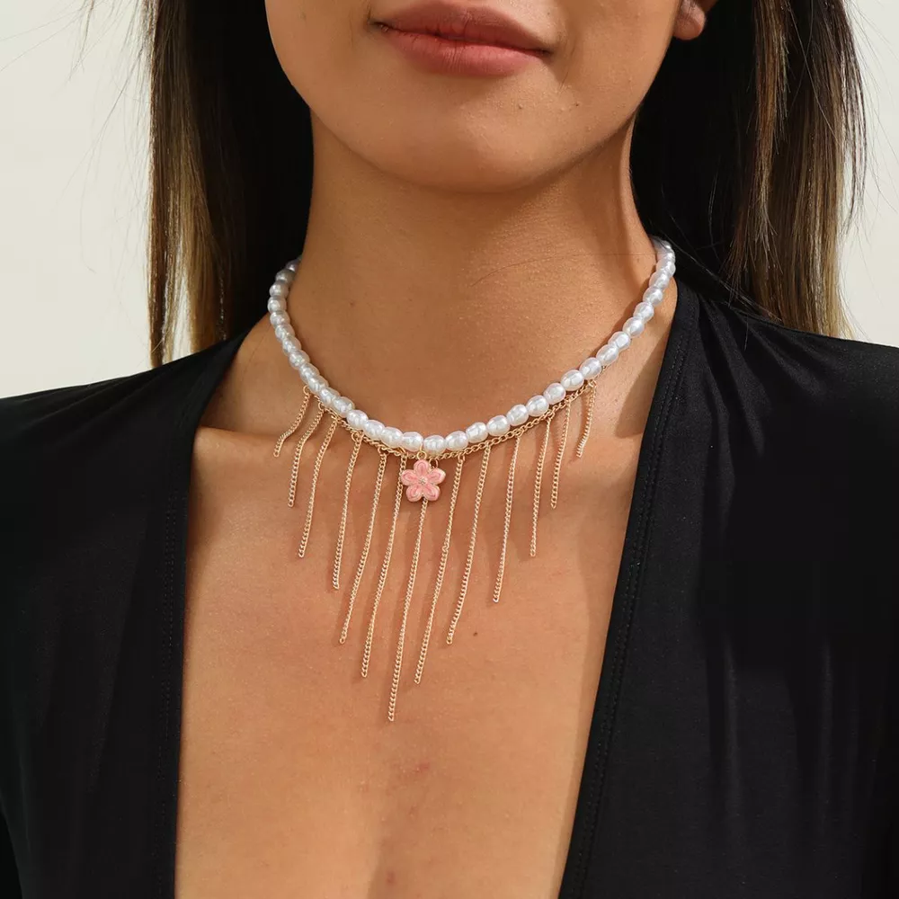 Elegant Pearl Choker Necklace with Flower Charm and Tassel Dangles, image 3